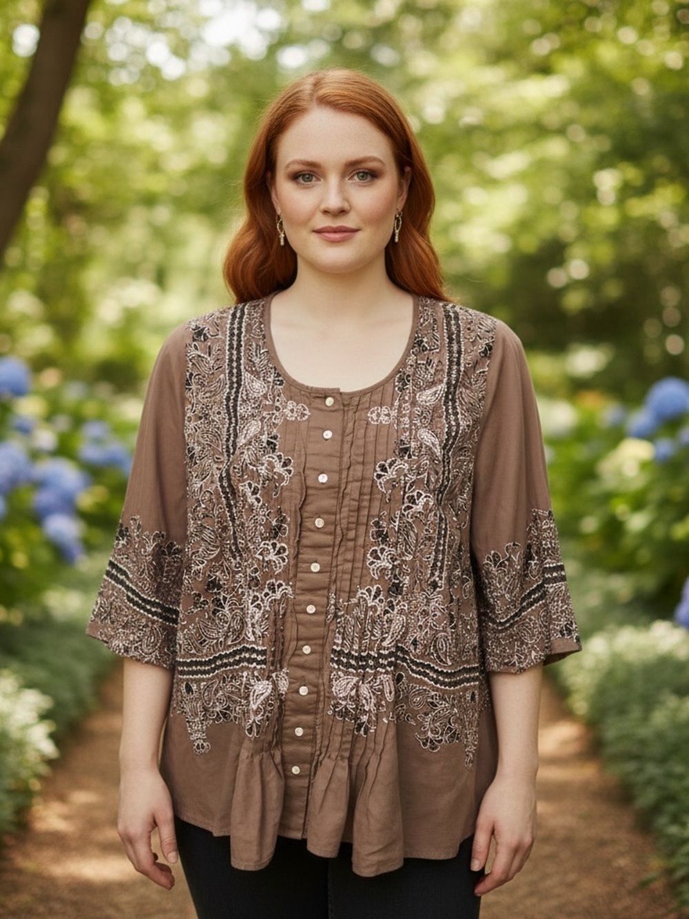 Denim 24/7 Plus Size Embroidered Brown Peasant Blouse 20W 100% Cotton - Picture 2 of 11